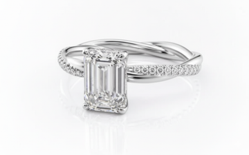 Emerald Cut Moissanite Engagement Ring, Twisted Shoulder Set With Hidden Halo