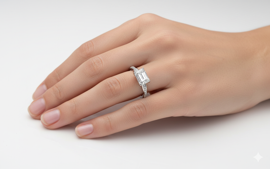 Emerald Cut Moissanite Engagement Ring, Twisted Shoulder Set With Hidden Halo