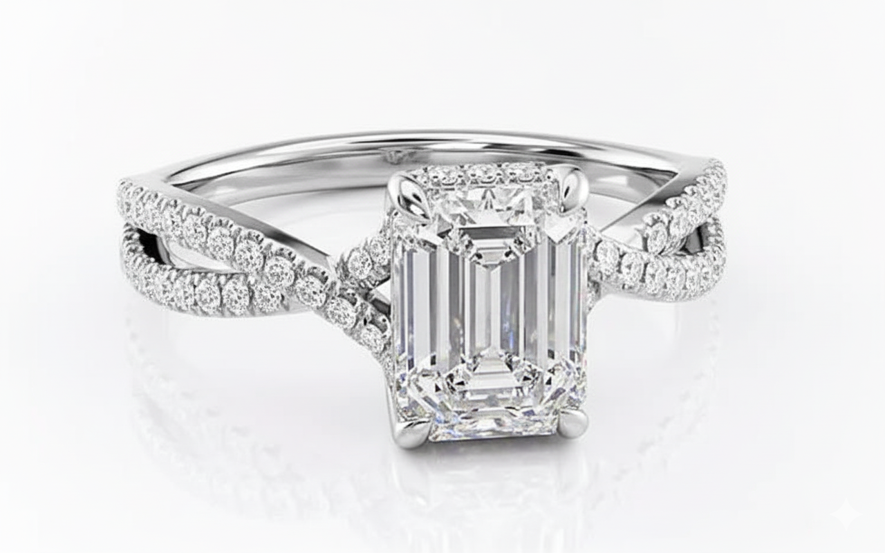 Emerald Cut Moissanite Engagement Ring, Twisted Stone Set Shoulders