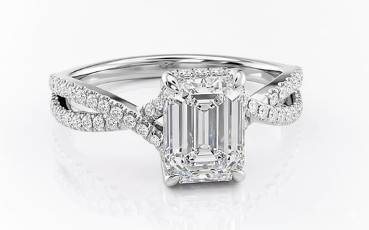 Emerald Cut Moissanite Engagement Ring, Twisted Stone Set Shoulders