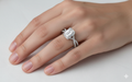 Emerald Cut Moissanite Engagement Ring, Twisted Stone Set Shoulders