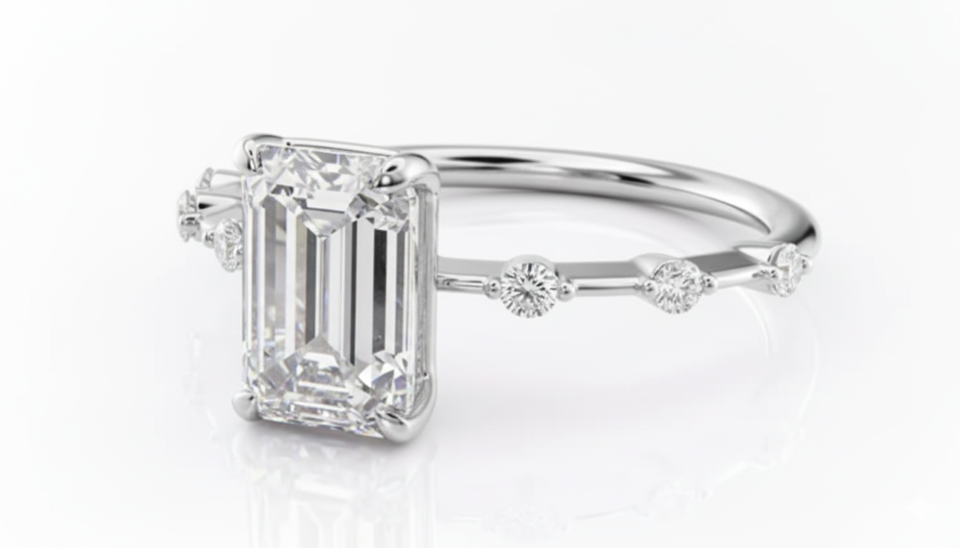 Emerald Cut Moissanite Engagement Ring, Vintage Delicate Style