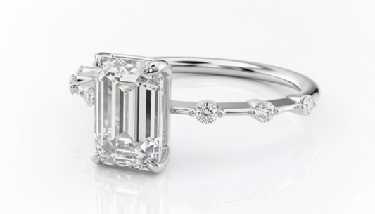 Emerald Cut Moissanite Engagement Ring, Vintage Delicate Style