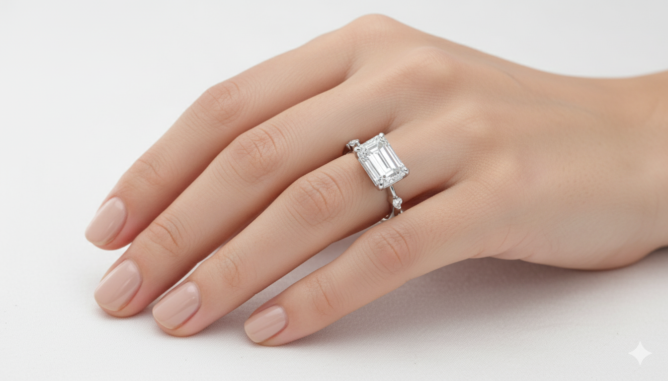 Emerald Cut Moissanite Engagement Ring, Vintage Delicate Style