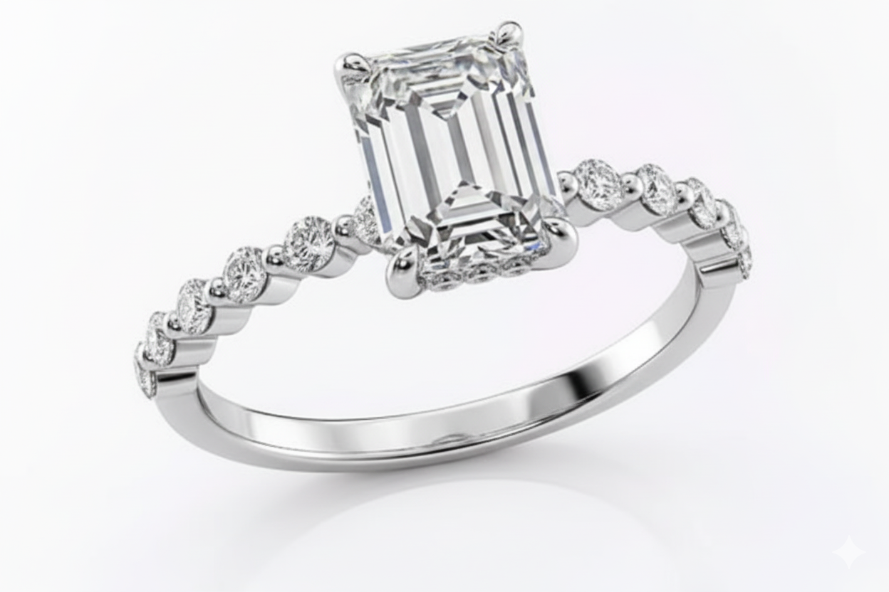 Emerald Cut With Hidden Halo Moissanite Engagement Ring, Shoulder Set