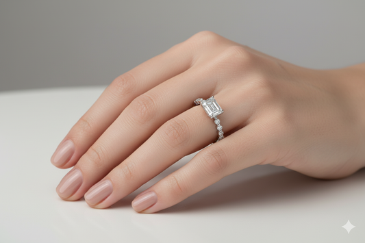 Emerald Cut With Hidden Halo Moissanite Engagement Ring, Shoulder Set