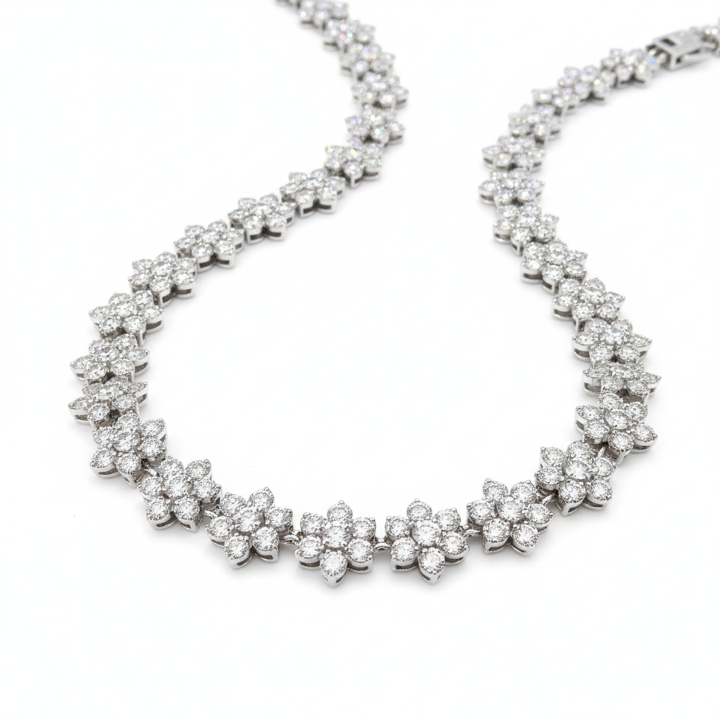 Floral Shape Moissanite Tennis Necklace in Pavé Setting