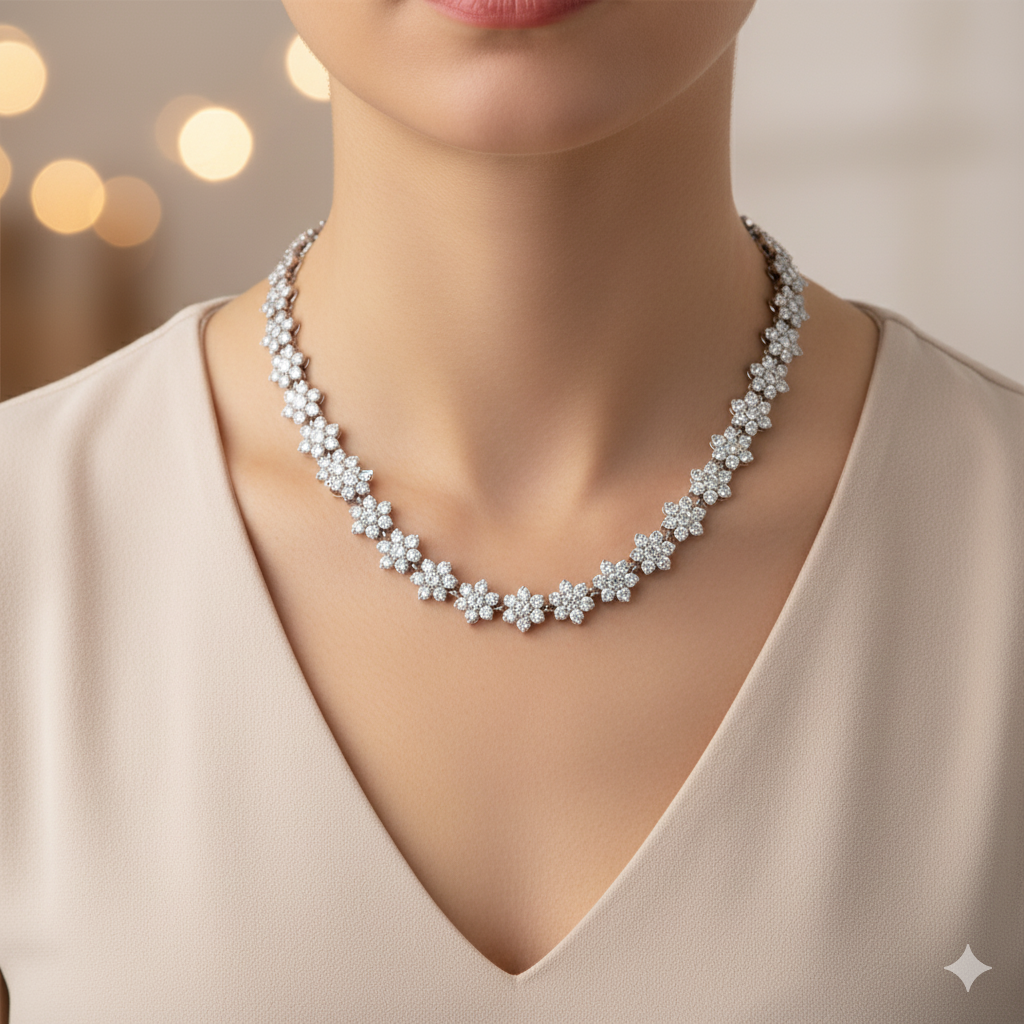 Floral Shape Moissanite Tennis Necklace in Pavé Setting