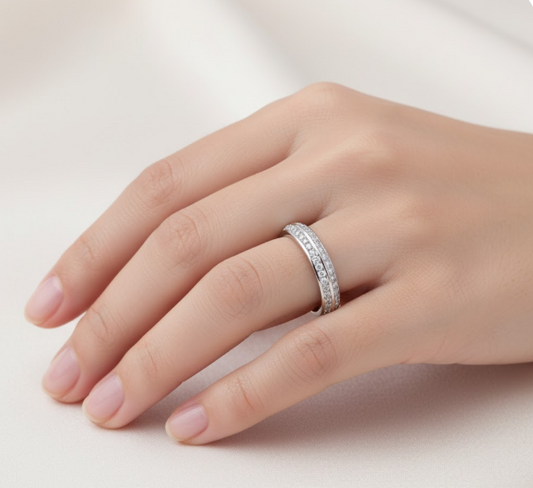 Full Eternity Moissanite Wedding Ring, Double Edged Round Cut