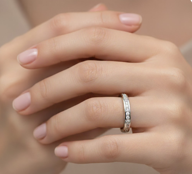 Full Eternity Moissanite Wedding Ring, Offset Round Cut Stones