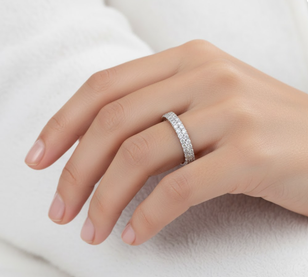 Full Eternity Moissanite Wedding Ring, Round Cut Double Row