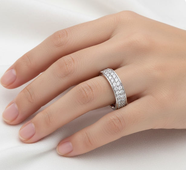 Full Eternity Moissanite Wedding Ring, Round Cut Pave Setting