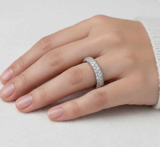 Full Eternity Moissanite Wedding Ring, Round Cut Pave Style