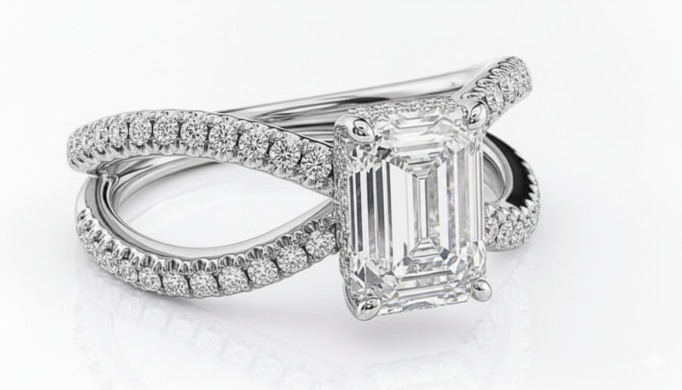 Emerald Cut Moissanite Engagement Ring, Criss-Cross Band Design