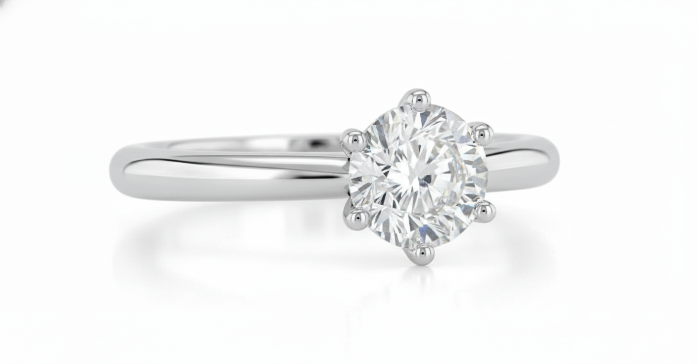 Round Cut Moissanite Engagement Ring, Classic Six Claw Halo Style Design
