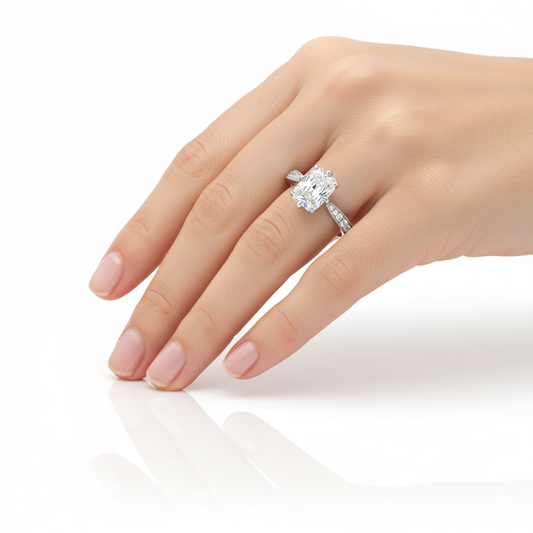 Radiant Cut Moissanite Stone Set Shoulders Engagement Ring With Milgrain Edge