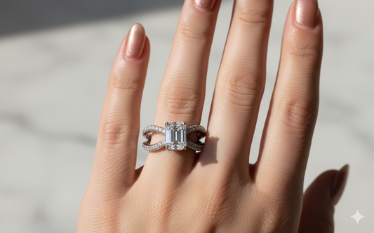 Emerald Cut Moissanite Engagement Ring, Criss-Cross Band Design