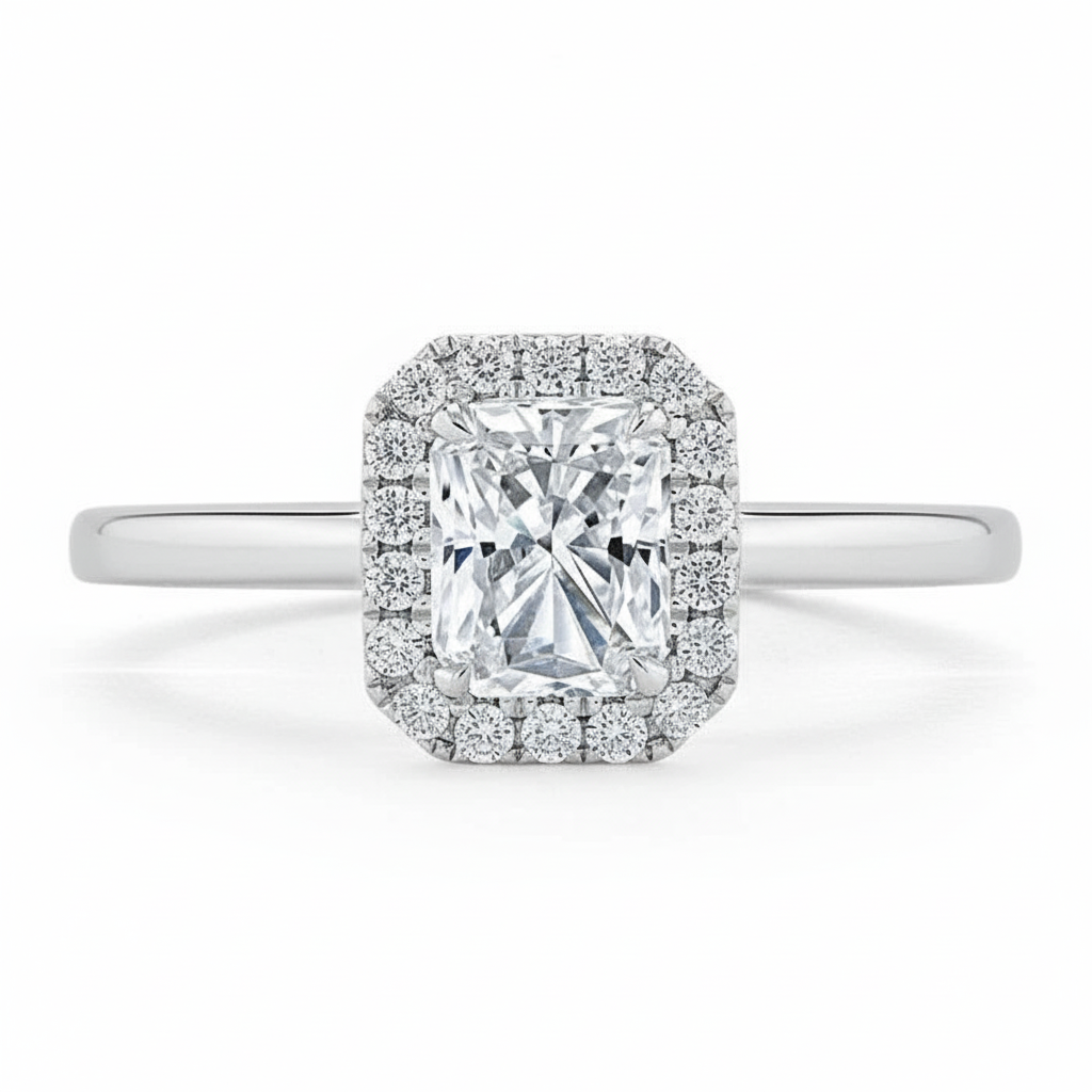 Radiant Cut Moissanite Halo Engagement Ring