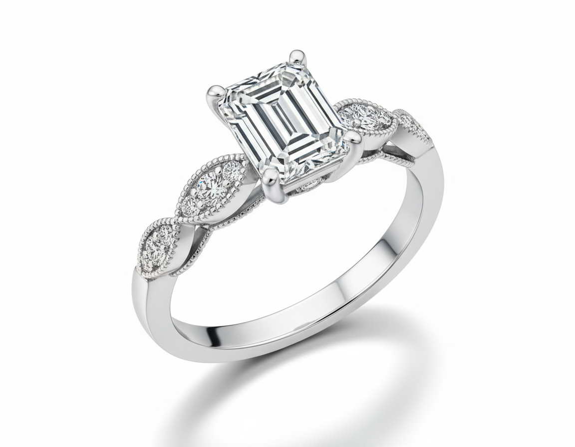 Emerald Cut Moissanite Engagement Ring, Vintage Inspired Design