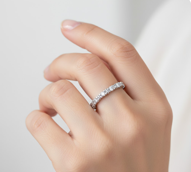 Half Eternity Moissanite Wedding Ring, Cherry Blossom Vintage Design