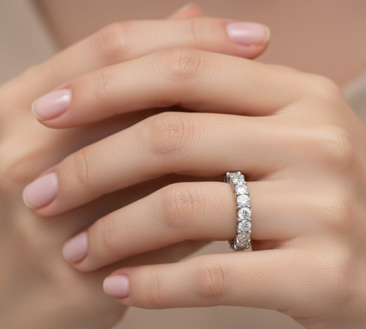 Half Eternity Moissanite Wedding Ring, Round Cut Claw Set Design