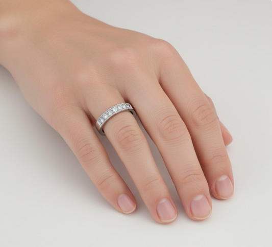 Half Eternity Moissanite Wedding Ring, Vintage Design with Milgrain Edge