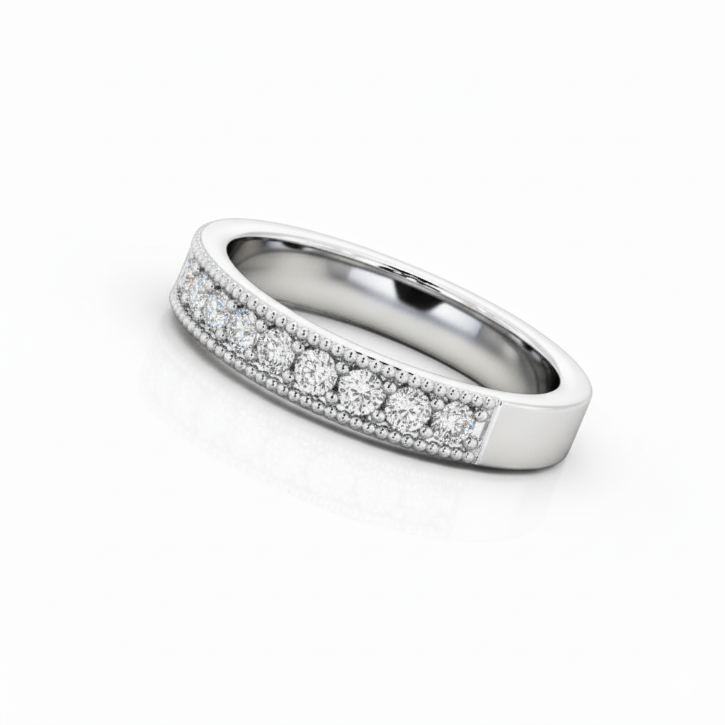Half Eternity Moissanite Wedding Ring, Vintage Design with Milgrain Edge