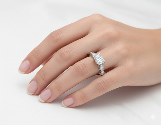 Hand wearing a moissanite ring