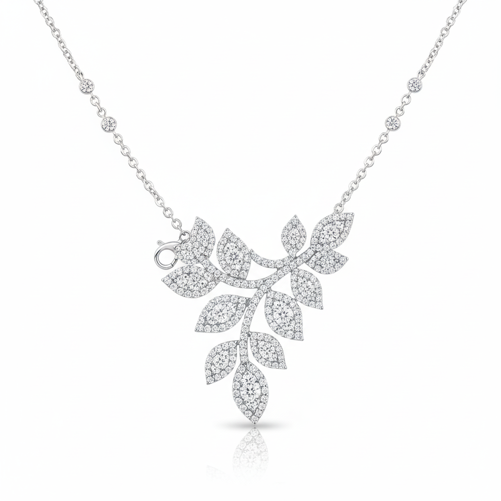 Leaf-Inspired Moissanite Pendant Necklace in Pavé Setting"