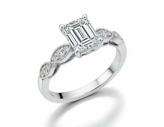 Moissanite ring with emerald-cut center stone