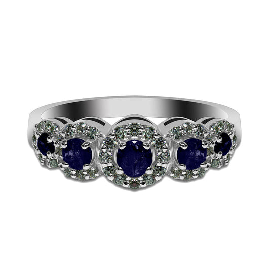 Natural Sapphire and Moissanite Burst Halo Ring