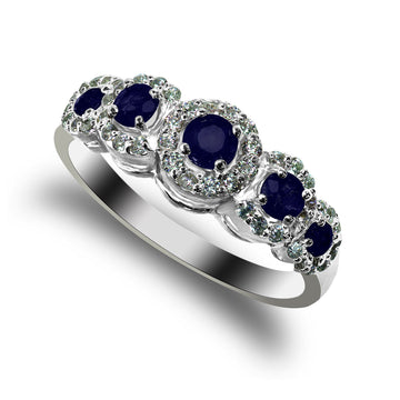 Natural Sapphire and Moissanite Burst Halo Ring