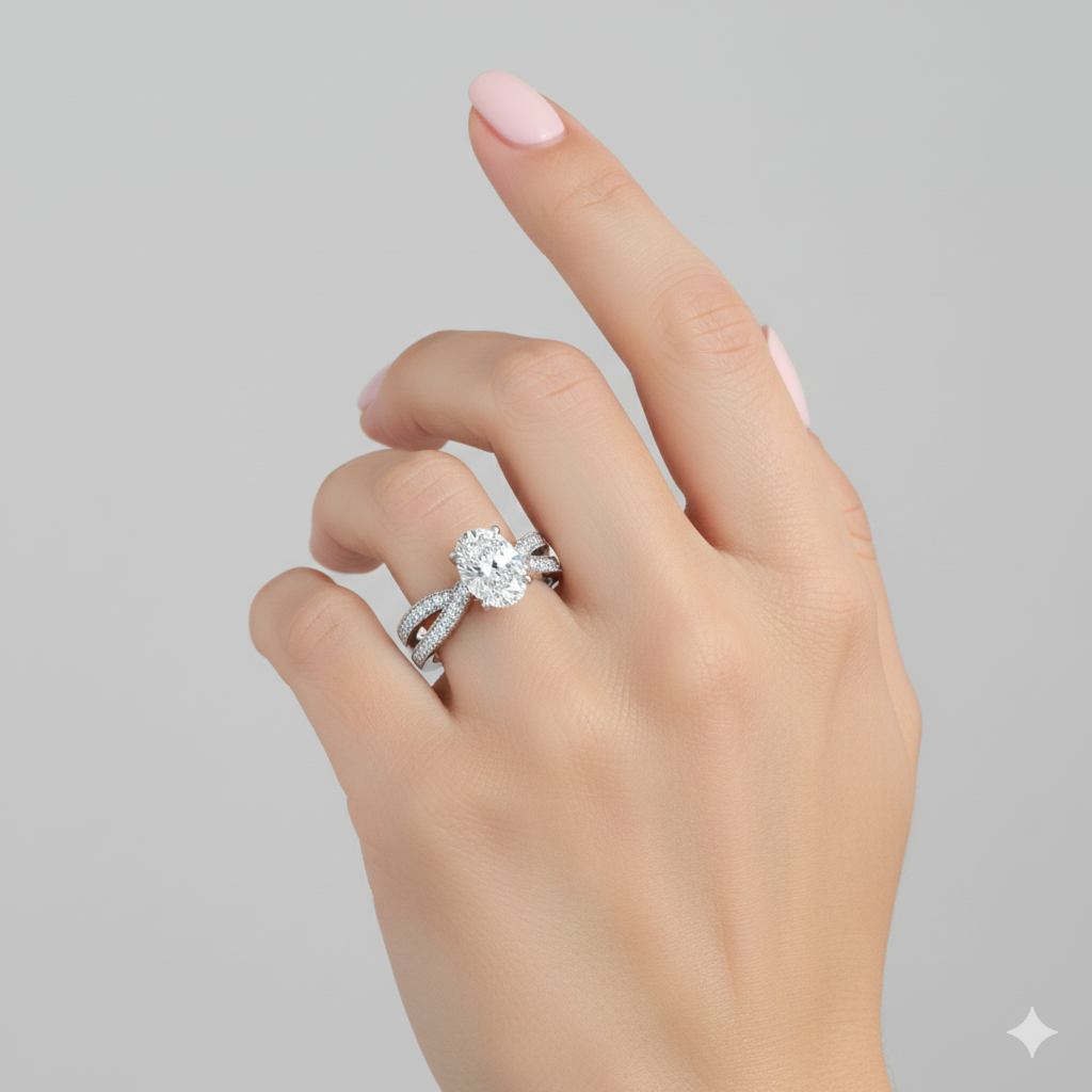 Oval Cut Moissanite Engagement Ring, Criss-Cross Split Shank Style