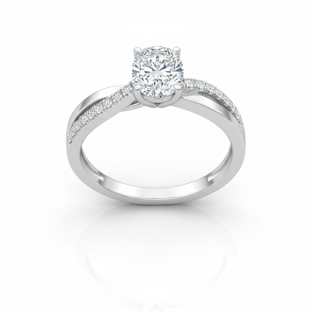 Oval Cut Moissanite Engagement Ring with Twisted Pave Band