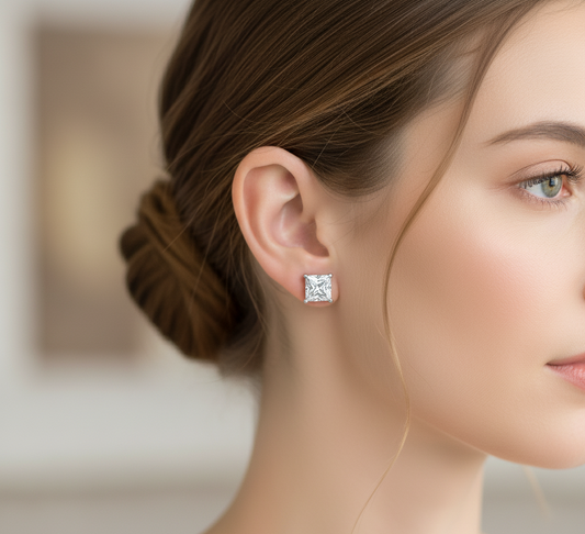 Princess Cut Moissanite Stud Earrings, 4 Prong Setting