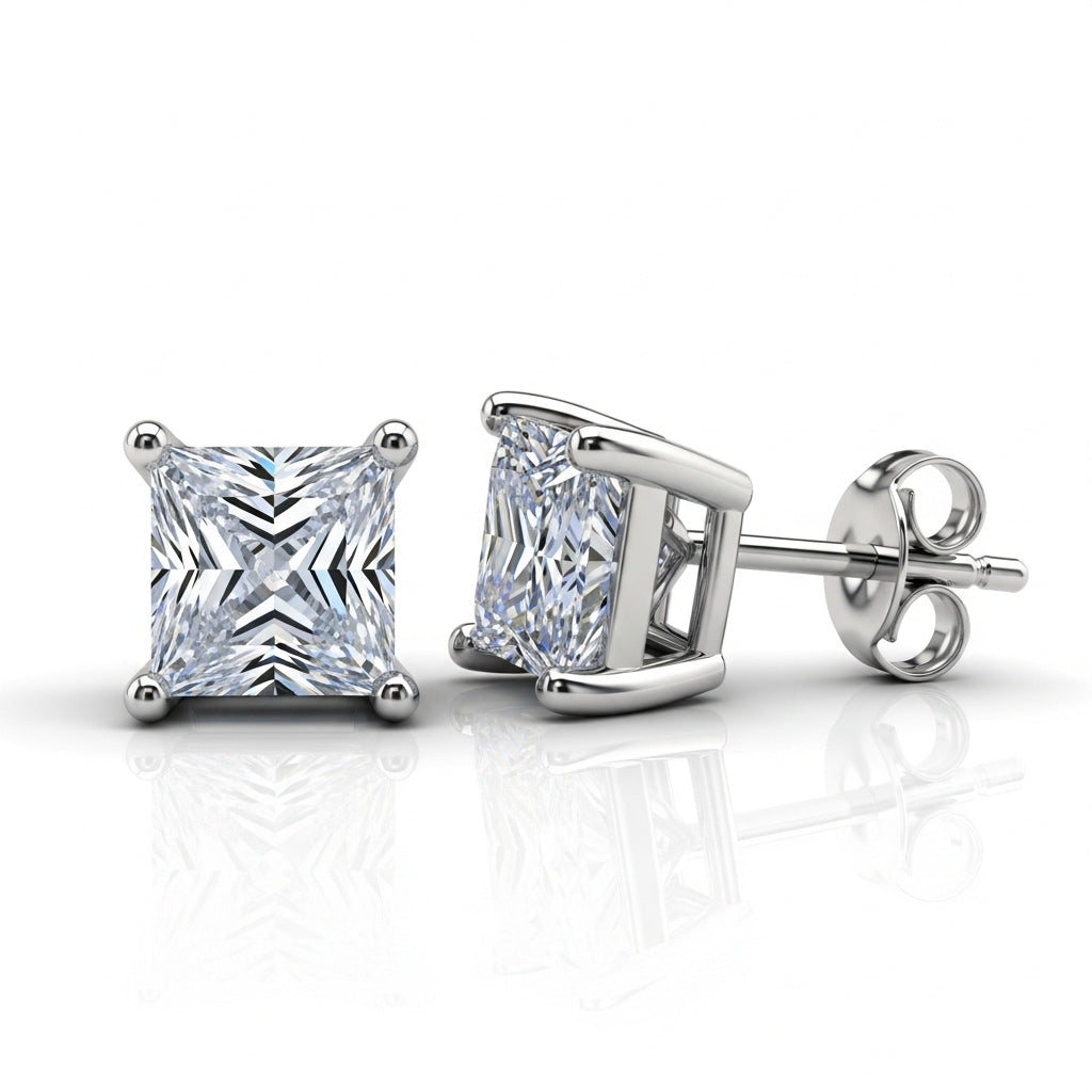 Princess Cut Moissanite Stud Earrings, 4 Prong Setting