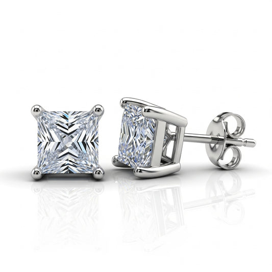 Princess Cut Moissanite Stud Earrings, 4 Prong Setting