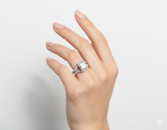 Princess Cut Moissanite Engagement Ring Criss-Cross Design hand wearing - Franc Laurent