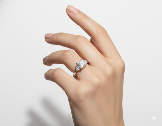 Princess Cut Moissanite Engagemen Ring Three Stone hand wearing - Franc Laurent