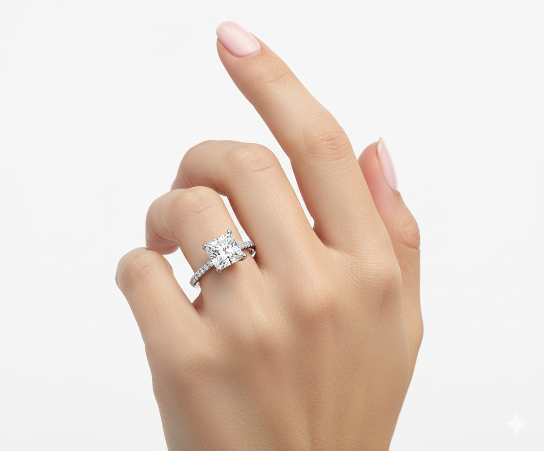 Hand wearing Princess Cut Moissanite Engagement Ring - Hidden Halo Style - Franc Laurent