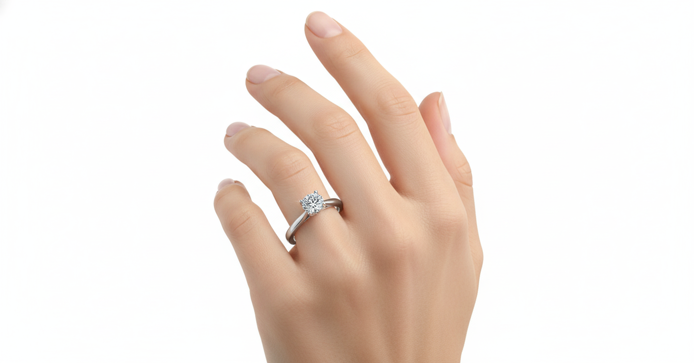 Princess Cut Moissanite Engagement Ring - Plain Band & Hidden Halo Style hand wearing - Franc Laurent