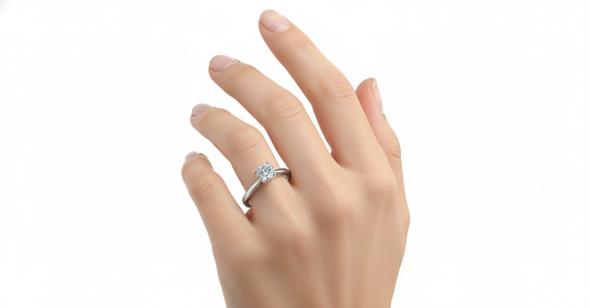 Princess Cut Moissanite Engagement Ring - Plain Band & Hidden Halo Style hand wearing - Franc Laurent