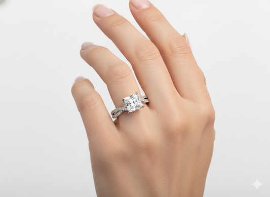 Princess Cut Moissanite Engagement Ring - Twisted Shoulders Stone Set wearing on hand - Franc Laurent