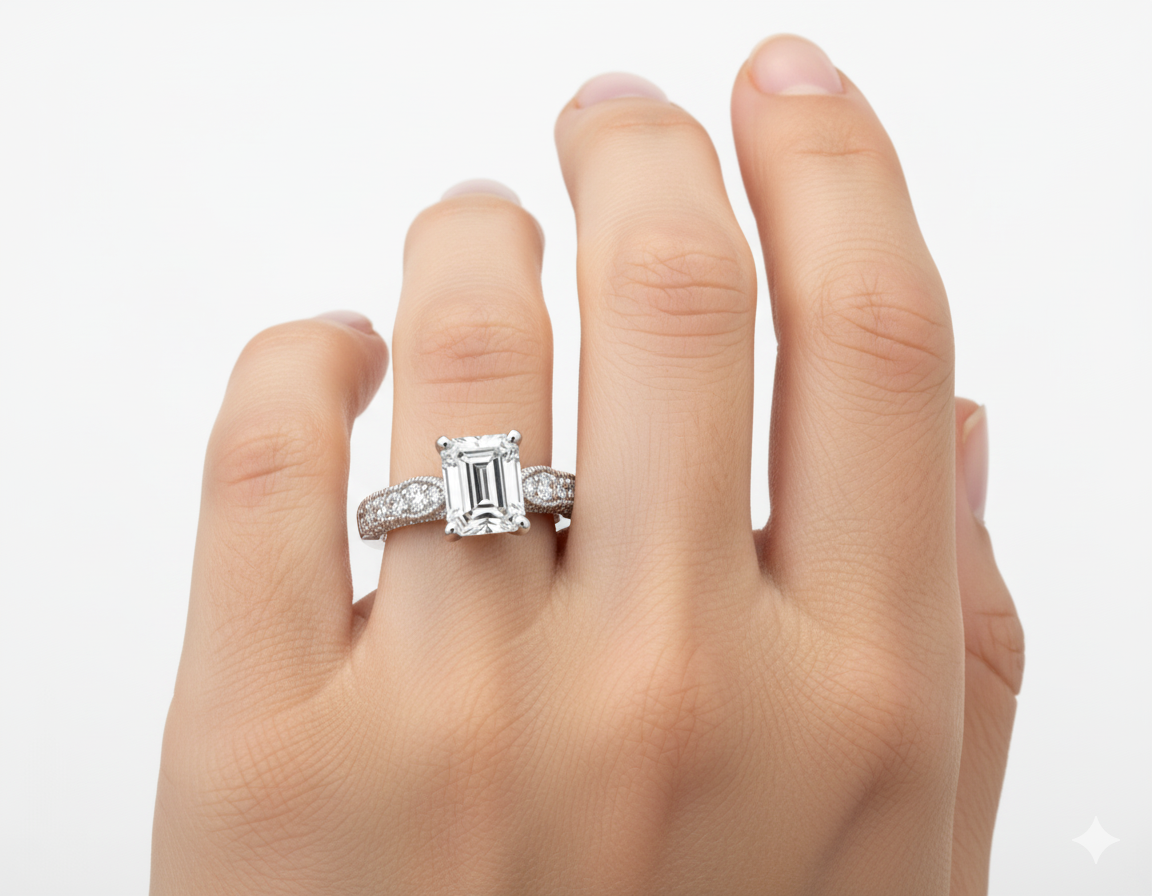 Princess Cut Moissanite Engagement Ring Pave Set with Hidden Halo hand wearing - Franc Laurent 