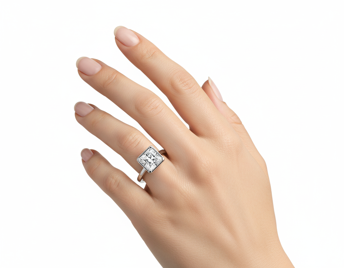 Princess Cut Moissanite Engagement Ring Rubover with Hidden Halo hand wearing - Franc Laurent