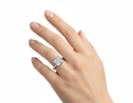 Princess Cut Moissanite Engagement Ring Rubover with Hidden Halo hand wearing - Franc Laurent
