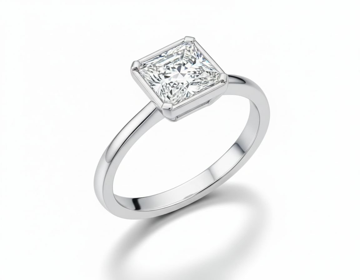 Princess Cut Moissanite Engagement Ring Rubover with Hidden Halo - Franc Laurent