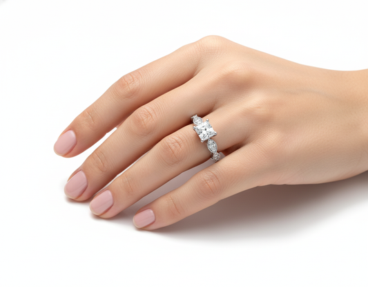 Princess Cut Moissanite Engagement Ring Vintage Style hand wearing - Franc Laurent