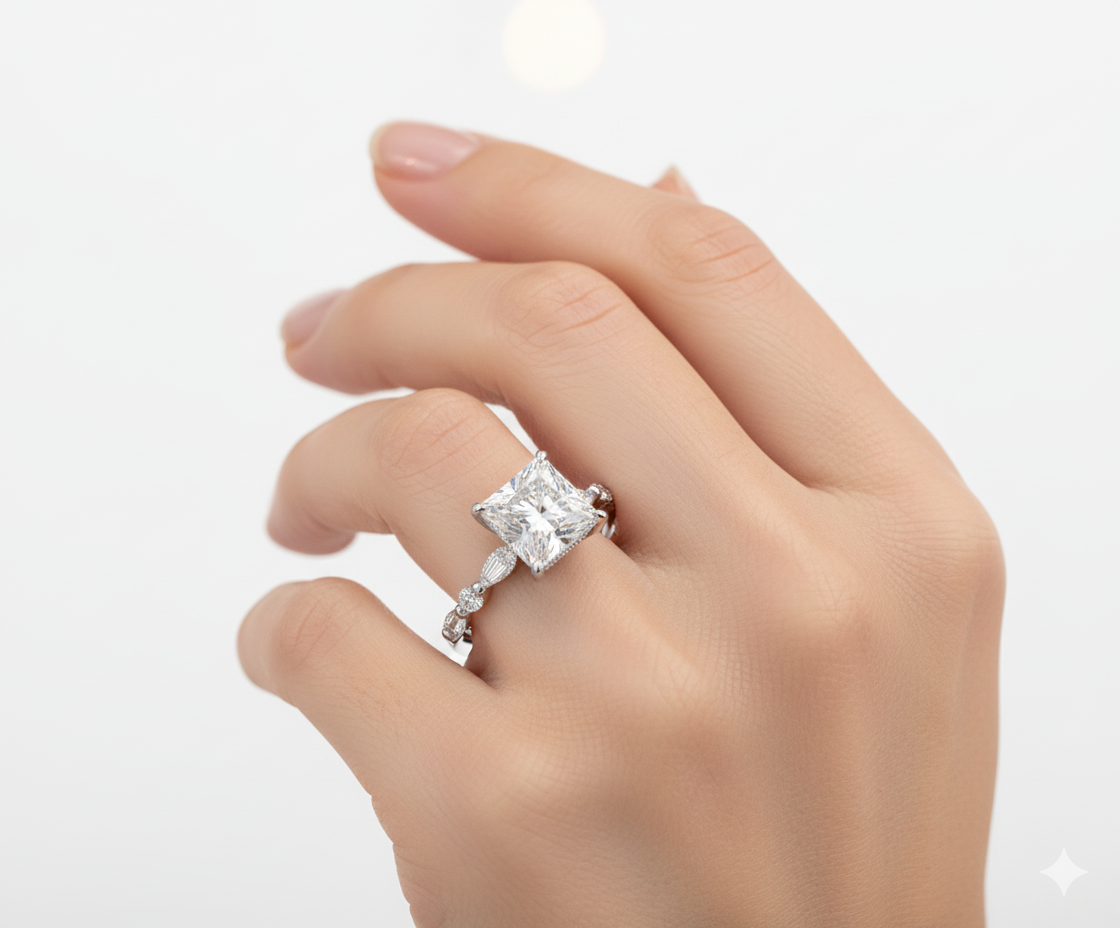 Princess Cut Moissanite Engagement Ring With Hidden Halo Style on a hand - Franc Laurent