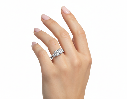 Princess Cut Moissanite Engagement Ring with Halo and Split Shank hand wearing - Franc Laurent